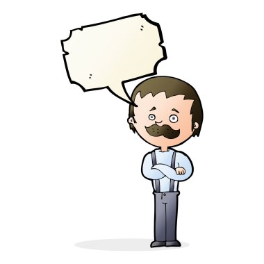 Konuşma baloncuklu bıyıklı çizgi film adamı.