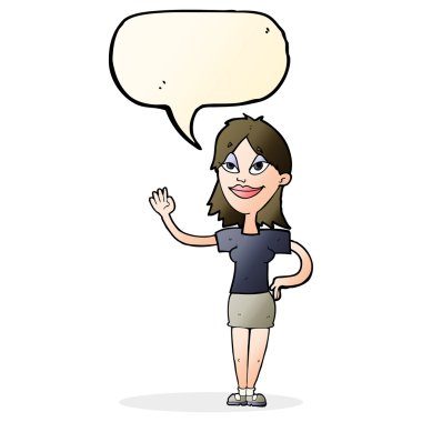 Çizgi film kadını konuşma balonuyla el sallıyor.