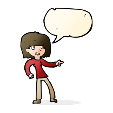 Çizgi film kızı konuşma balonunu işaret ediyor.