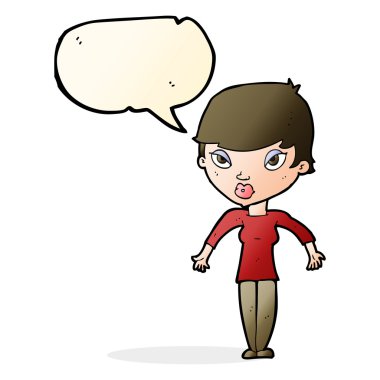 Çizgi filmdeki kadın konuşma balonuyla omuz silkiyor.