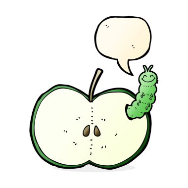 çizgi film böceği konuşma baloncuğu ile elma yiyor