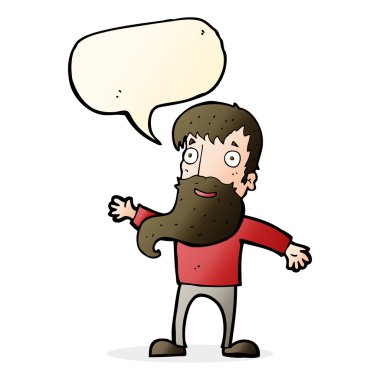 Çizgi filmdeki sakallı adam konuşma balonuyla el sallıyor.