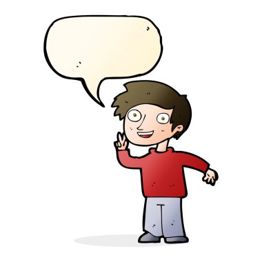 Çizgi filmci çocuk konuşma balonuyla fotoğraf için poz veriyor.