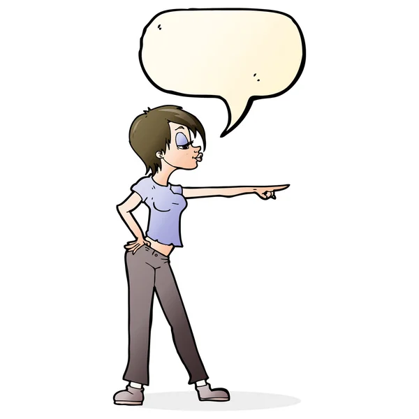 Cartoon hippe Frau zeigt mit Sprechblase — Stockvektor