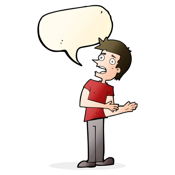 Γελοιογραφία άνθρωπος κάνει δικαιολογίες με φούσκα ομιλία — Διανυσματικό Αρχείο