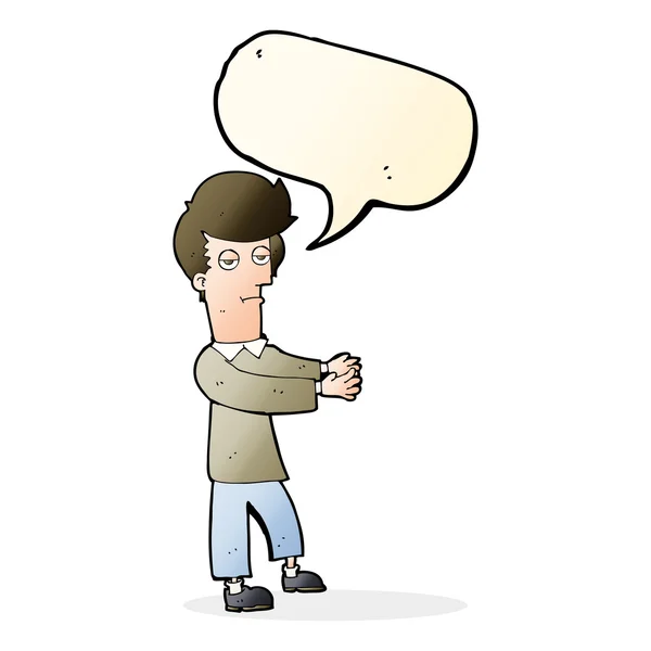 Γελοιογραφία βαρεθεί άνθρωπος δείχνει το δρόμο με φούσκα ομιλία — Διανυσματικό Αρχείο