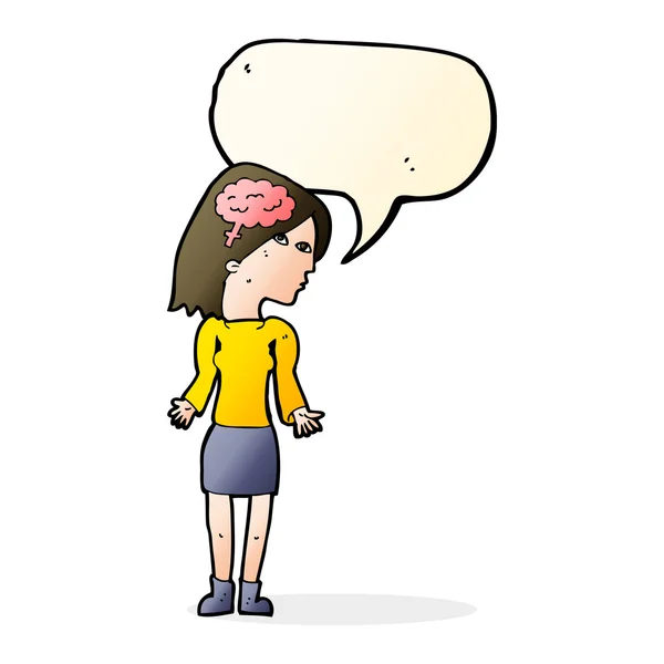 Mujer inteligente de dibujos animados encogiéndose de hombros con burbuja del habla — Archivo Imágenes Vectoriales