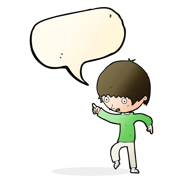 Desenho animado menino preocupado apontando com bolha de fala —  Vetores de Stock