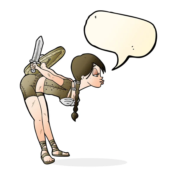 Karikatur Wikingermädchen verneigt sich mit Sprechblase — Stockvektor