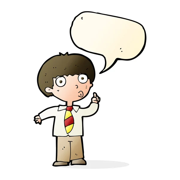 Cartoon school boy with question with speech bubble — Stock Vector
