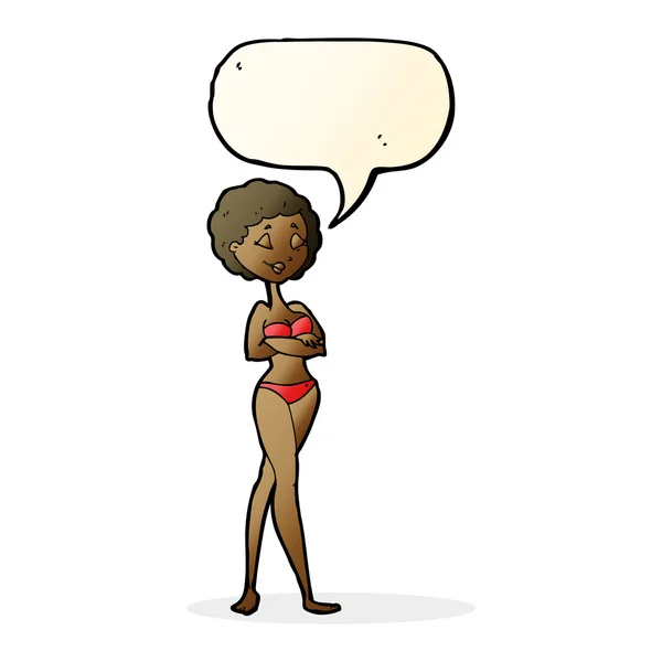 Cartoon-Retro-Frau im Bikini mit Sprechblase — Stockvektor