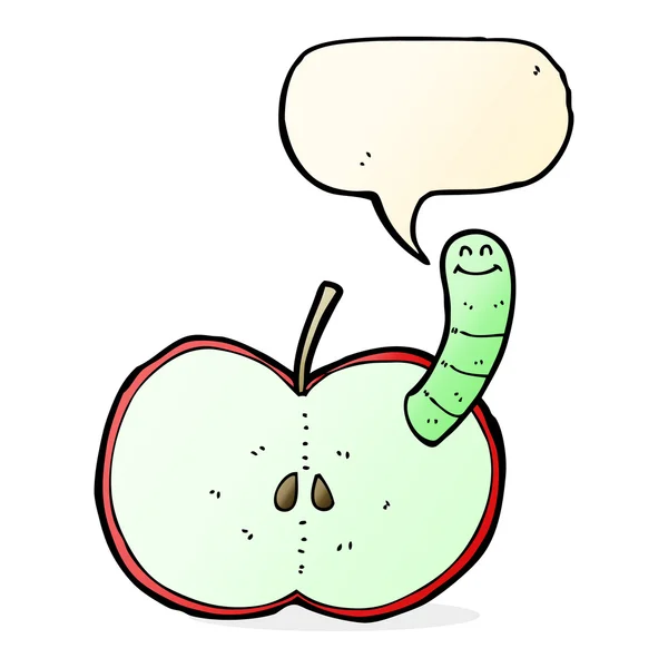 Manzana de dibujos animados con gusano con burbuja de habla — Vector de stock