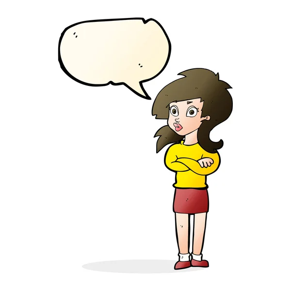 Cartoon vrouw met gevouwen armen met tekstballon — Stockvector