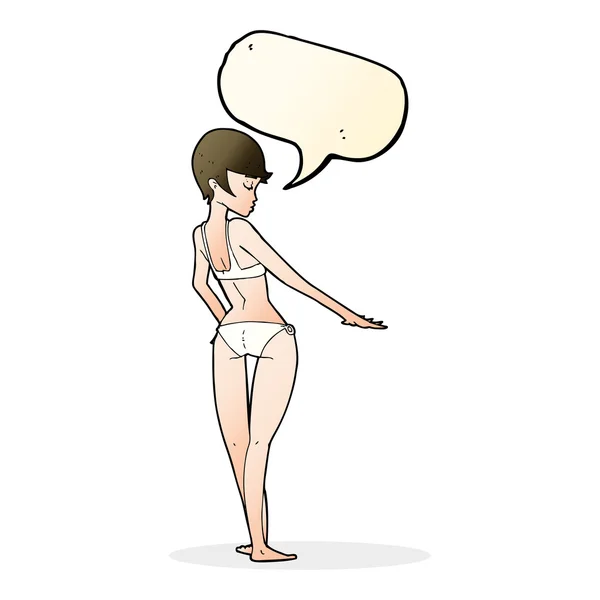 Mujer de dibujos animados en bikini con burbuja del habla — Vector de stock