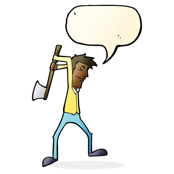 Desenho animado homem balançando machado com fala bolha — Vetor de Stock