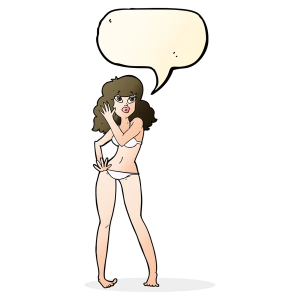 Cartoon mooie vrouw in bikini met spraak zeepbel — Stockvector