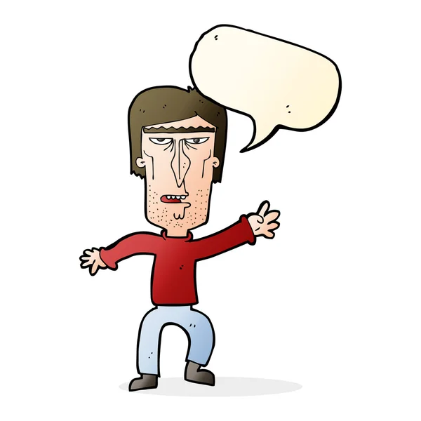 Cartone animato uomo arrabbiato agitando avvertimento con bolla discorso — Vettoriale Stock