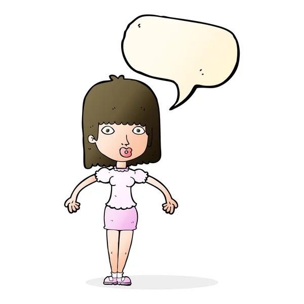 Cartoon woman shrugging shoulders with speech bubble — Stock Vector