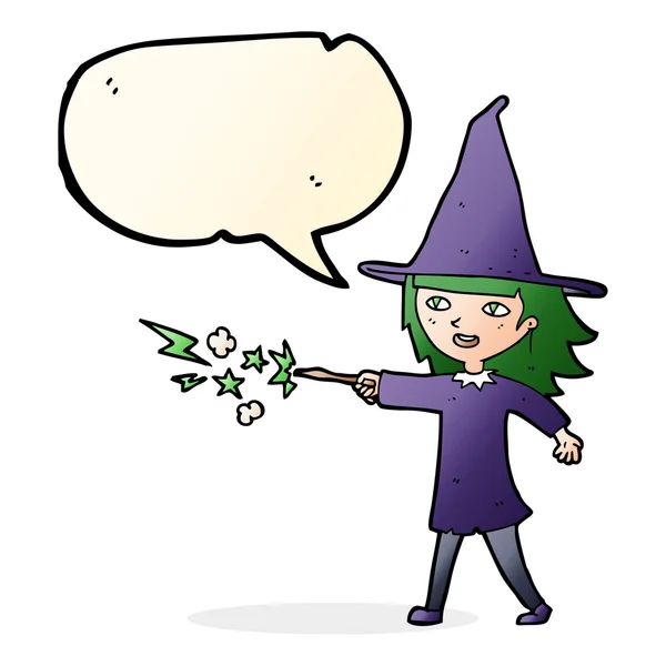 Cartoon witch girl casting spell with speech bubble — Stock Vector