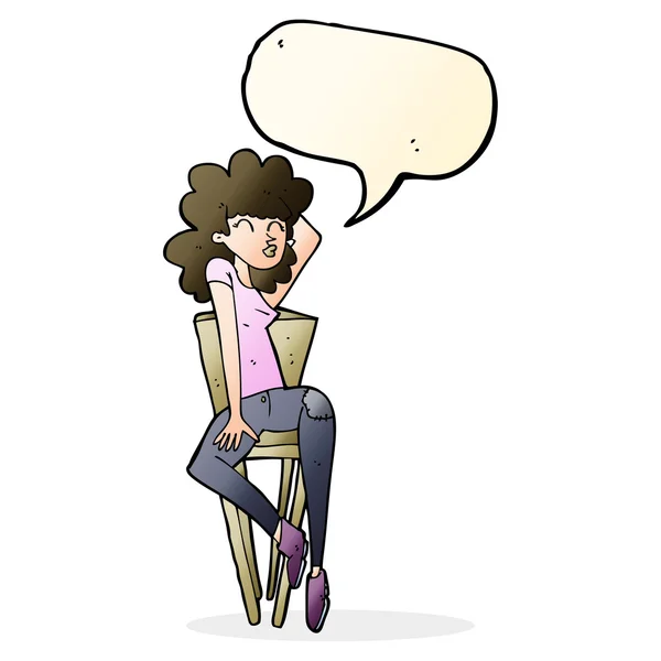 Femme dessin animé posant sur chaise avec bulle de parole — Image vectorielle