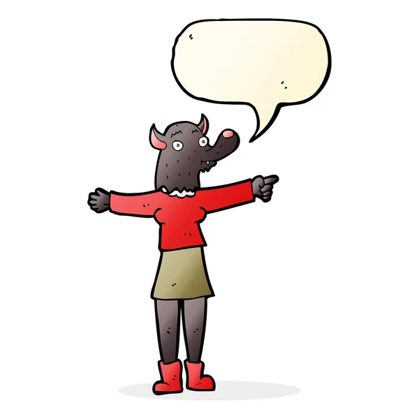 Cartoon pointing werewolf woman with speech bubble — Stock Vector