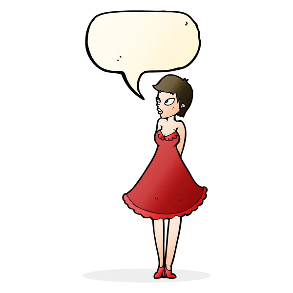 Cartoon pretty woman in dress with speech bubble — Stock Vector