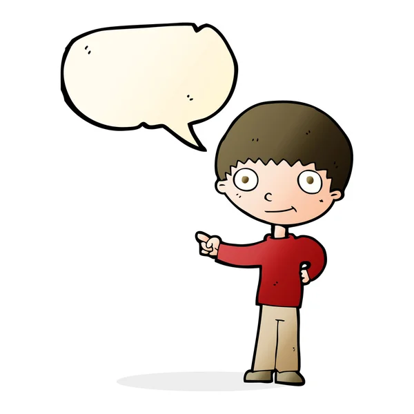 Gelukkige jongen cartoon wijzen met tekstballon — Stockvector