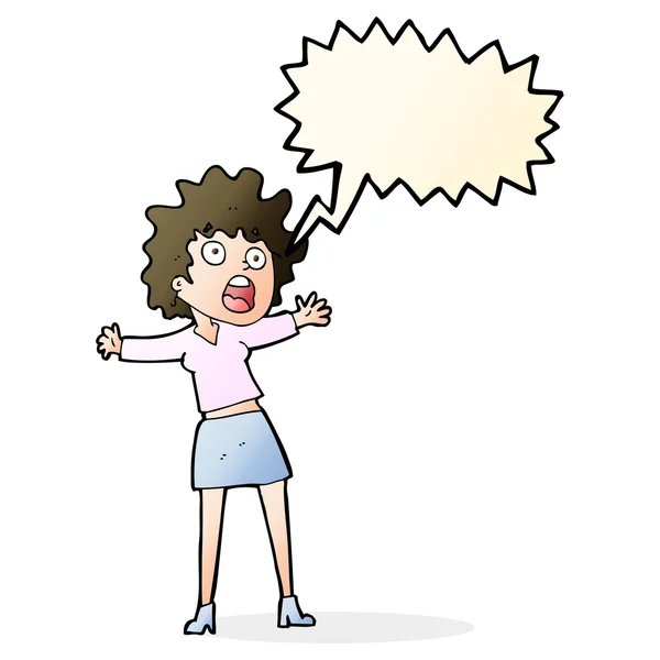 Cartoon frightened woman with speech bubble — Stock Vector