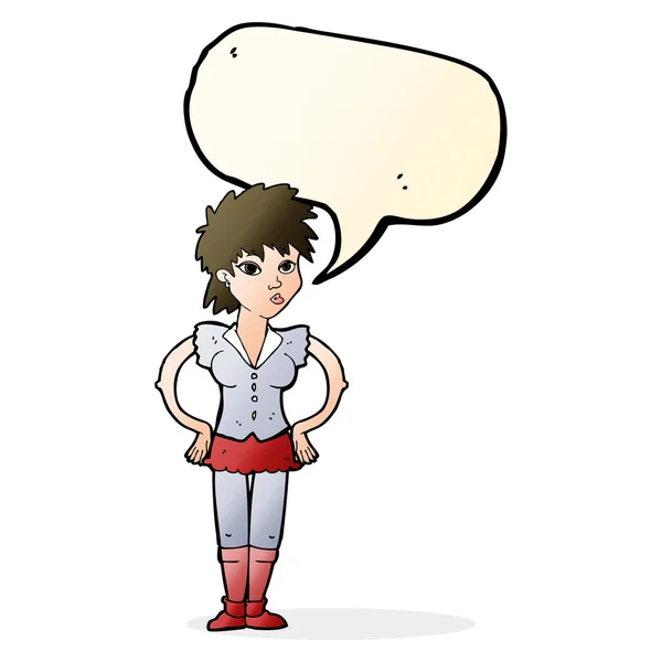 Cartoon woman with hands on hips with speech bubble — Stock Vector