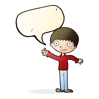 Çizgi film mutlu, konuşma balonlu çocuk.