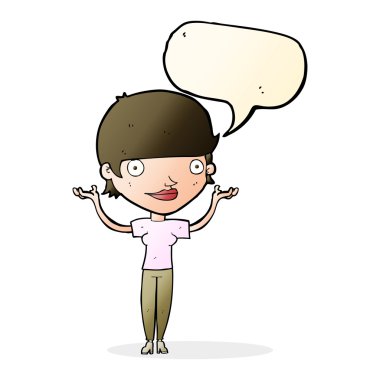 Çizgi filmdeki kadın konuşma baloncuğuyla kollarını havada tutuyor.