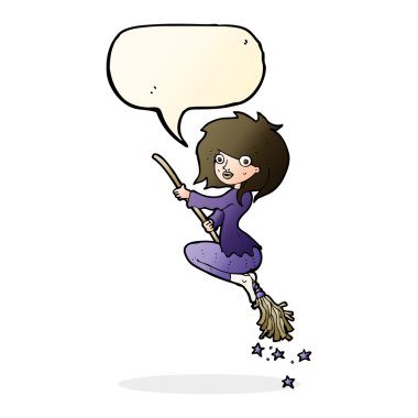 Çizgi film cadısı konuşma baloncuğu ile süpürgeye biniyor