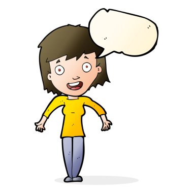 Çizgi filmdeki kadın konuşma balonuyla omuz silkiyor.