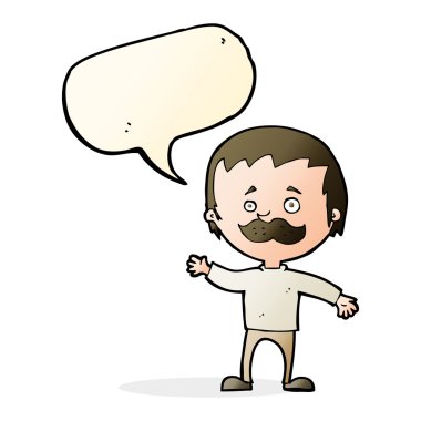 Çizgi filmdeki bıyıklı adam konuşma baloncuğuyla sallanıyor.