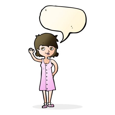 Çizgi film güzel kadın konuşma balonuyla el sallıyor