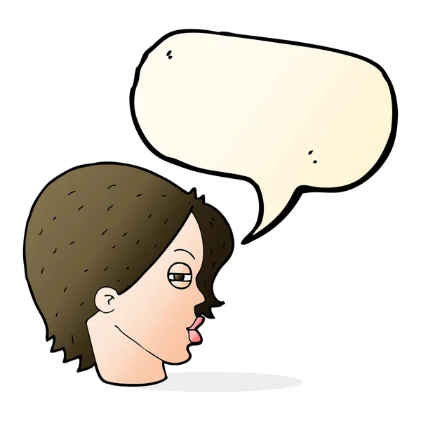 Cartoon female face with narrowed eyes with speech bubble — Stock Vector