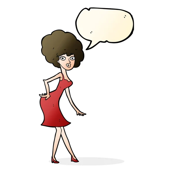 Cartoon woman posing in dress with speech bubble — Stock Vector