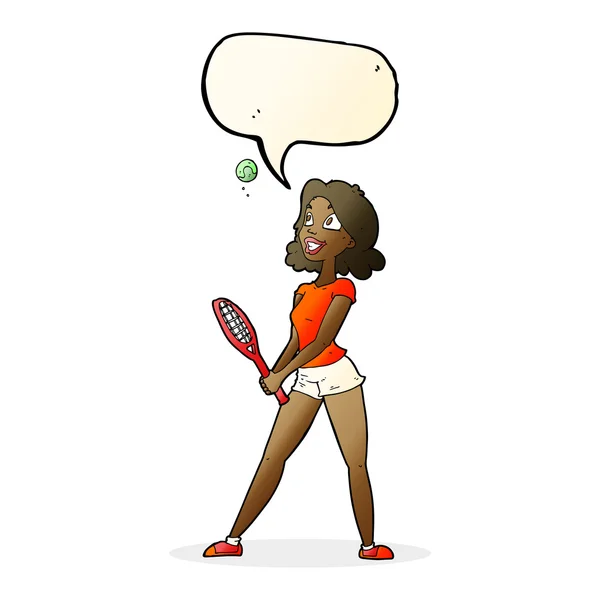 Cartoon vrouw tennissen met tekstballon — Stockvector