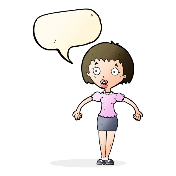Cartoon mulher confusa encolhendo ombros com bolha de fala —  Vetores de Stock
