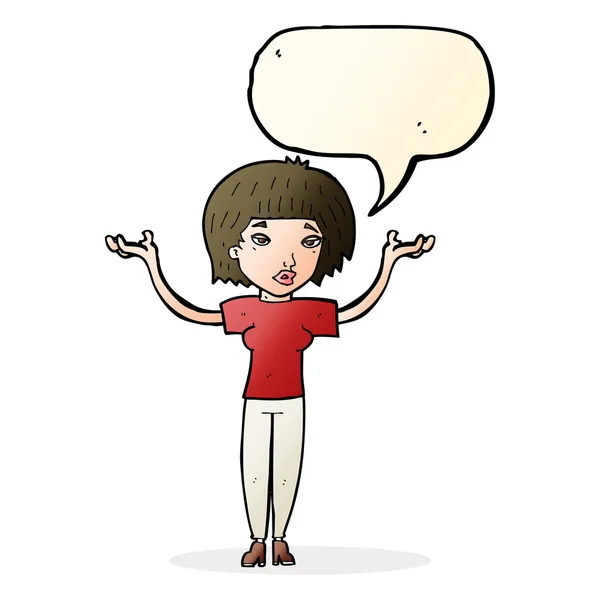 Cartoon woman shrugging shoulders with speech bubble — Stock Vector