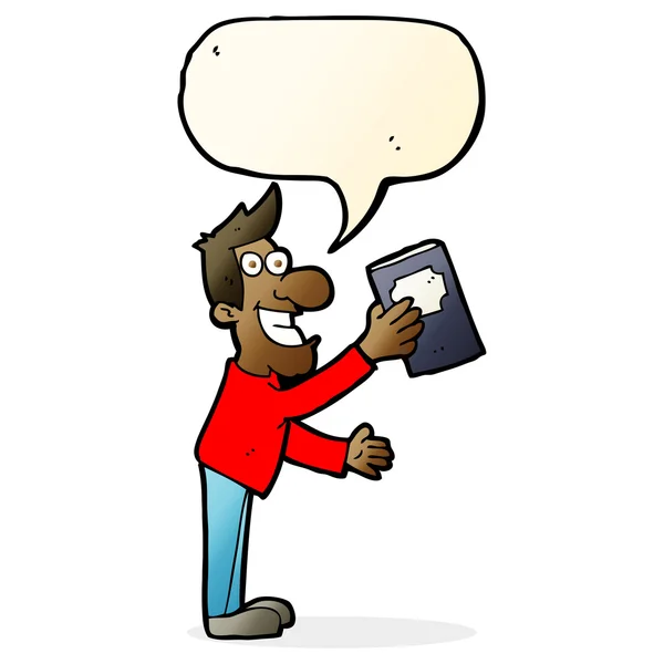 Hombre de dibujos animados con libro con burbuja de habla — Vector de stock