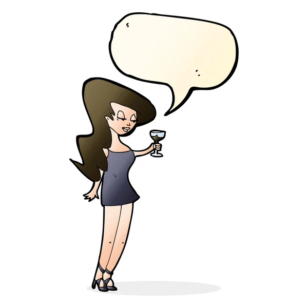 Cartoon woman at party with speech bubble — Stock Vector