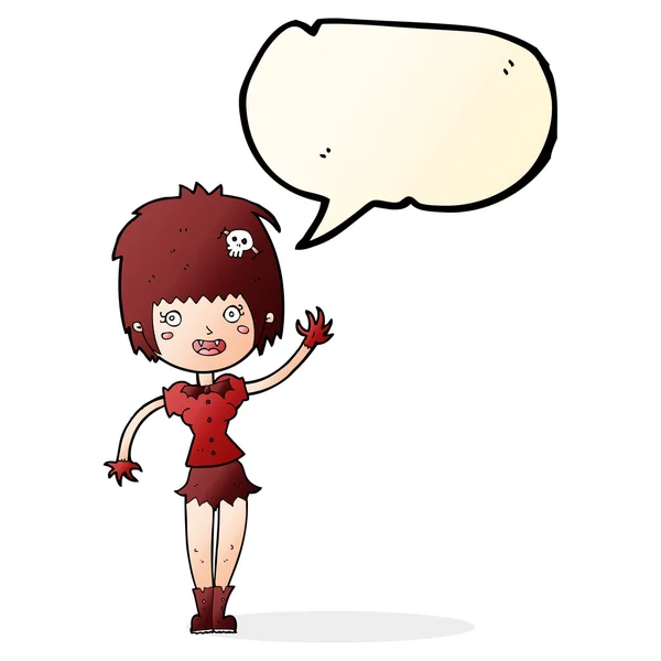 Cartoon waving vampire girl with speech bubble — Stock Vector