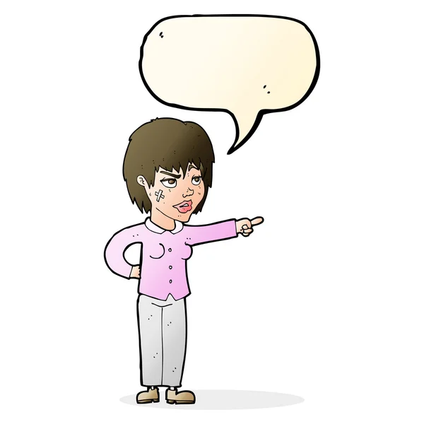 Cartoon woman pointing with speech bubble — Stock Vector