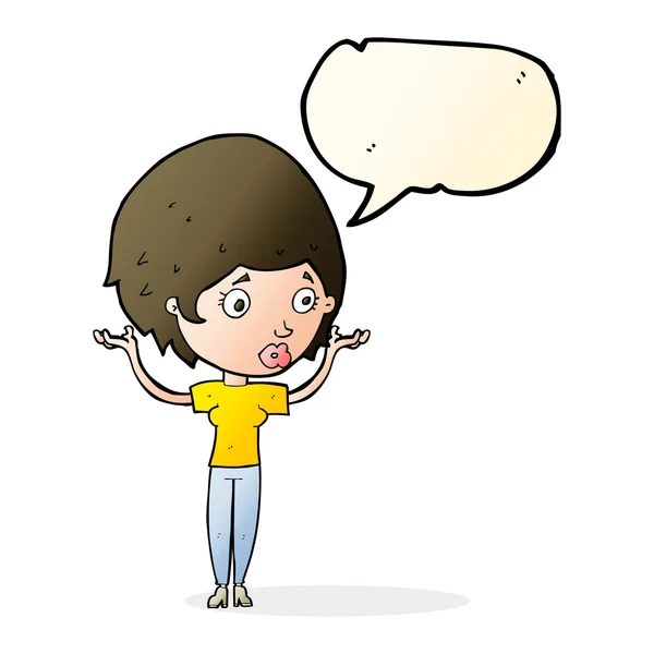 Cartoon woman raising hands in air with speech bubble — Stock Vector