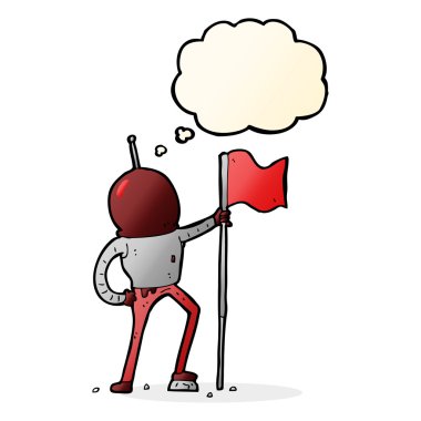 Karikatür astronotu düşünce baloncuklu bayrak dikiyor