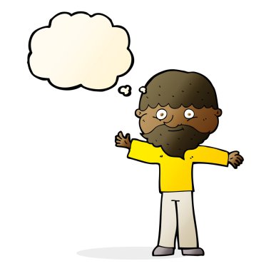 Düşünce baloncuğu olan sakallı mutlu bir adam.