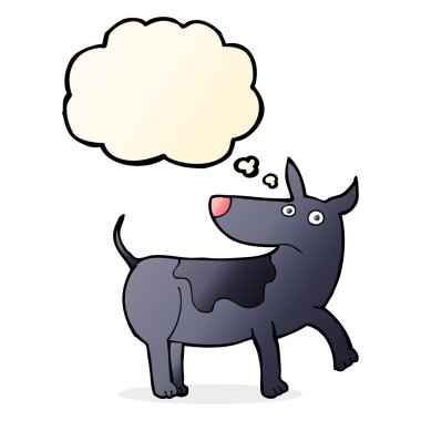 Düşünce kabarcığı olan komik çizgi film köpeği.