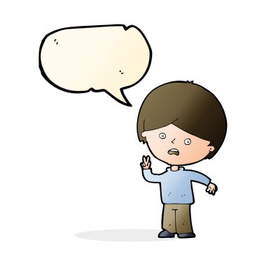 çizgi film mutsuz çocuk konuşma balonuyla barış işareti yapıyor