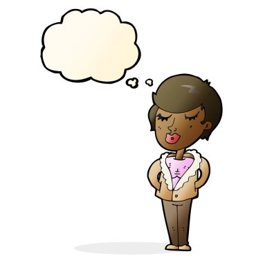 Karikatür. Düşünce baloncuğu olan rahat kadın.